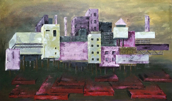 Buildings- Old By Knife (ART-16064-105081) - Handpainted Art Painting - 30in X 16in