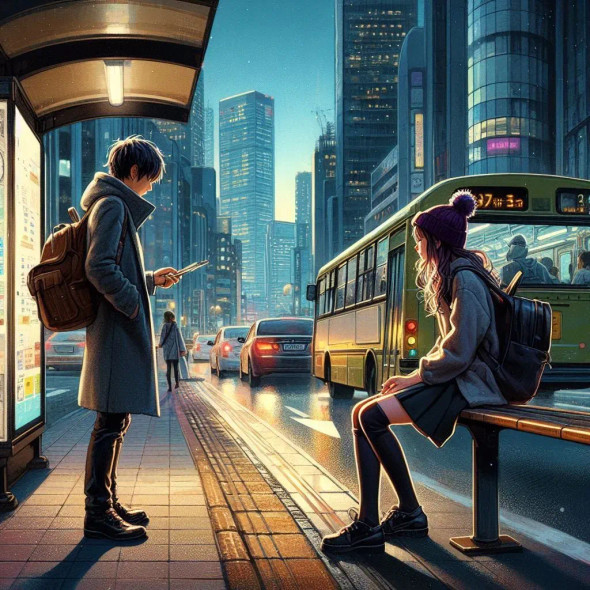 Couple At Bus Stop 2 (PRT-8991-105195) - Canvas Art Print - 60in X 60in