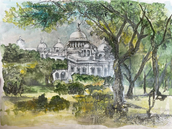 Kolkata - An Afternoon At Victoria (ART-237-105131) - Handpainted Art Painting - 16in X 12in