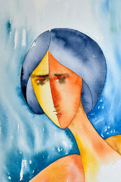 "Alone" - Faces Series, Figurative Abstract - 196 (ART-15639-105181) - Handpainted Art Painting - 12in X 18in