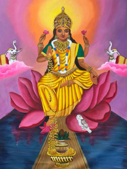 Mata Lakshmi Painting (ART-8800-105252) - Handpainted Art Painting - 36in X 48in