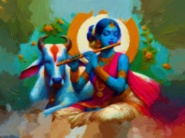 Celestial Duet: Radha's Flute And The Cow's Tranquil Reverie (PRT-15697-105310) - Canvas Art Print - 60in X 45in