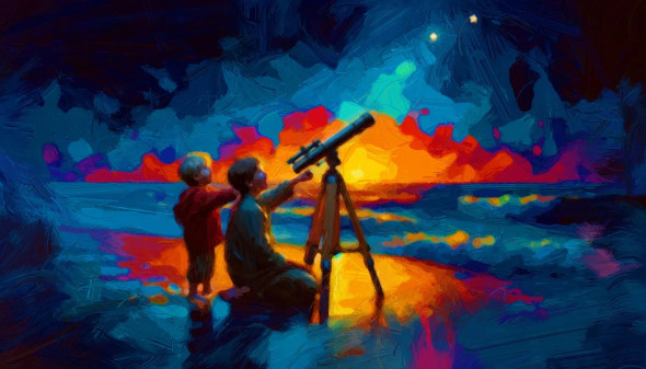 Brotherly Bond: Sharing Moments Under The Starlit Sky (PRT-15697-105293) - Canvas Art Print - 60in X 34in