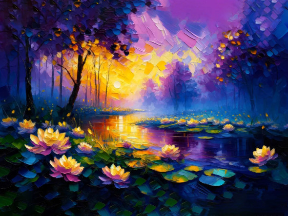 Tranquil Oasis: Radiant Lotus Pond On A Rainy Canvas (PRT-15697-105295) - Canvas Art Print - 60in X 45in