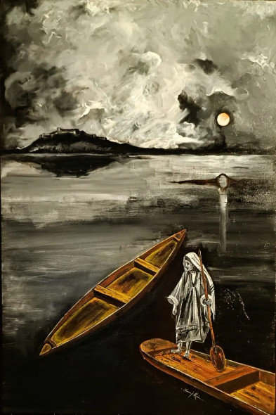 Sacred Realm-Dal Kashmir (ART-1252-105294) - Handpainted Art Painting - 24in X 36in