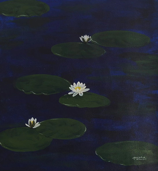 White Waterlilies (ART-3512-105311) - Handpainted Art Painting - 13in X 13in