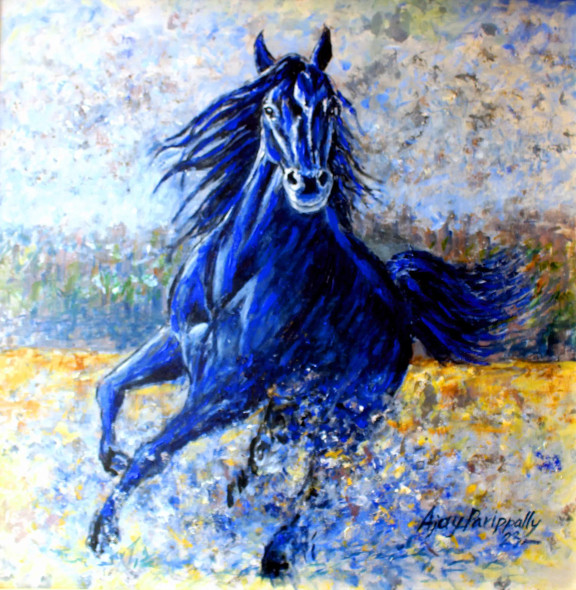 Galloping Blue Horse (ART-1088-105395) - Handpainted Art Painting - 24in X 24in