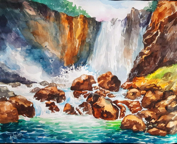 Waterfall (ART-16096-105358) - Handpainted Art Painting - 16in X 11in