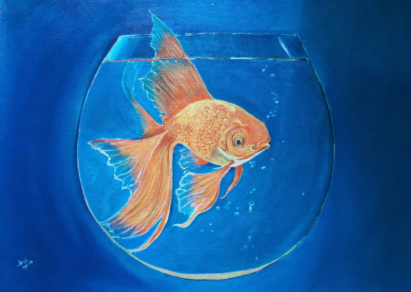 Gold Fish In A Bowl (ART-8347-105350) - Handpainted Art Painting - 24in X 16in