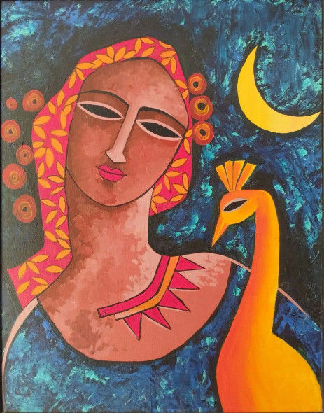 Lady With A Peacock (ART-16089-105372) - Handpainted Art Painting - 22in X 28in