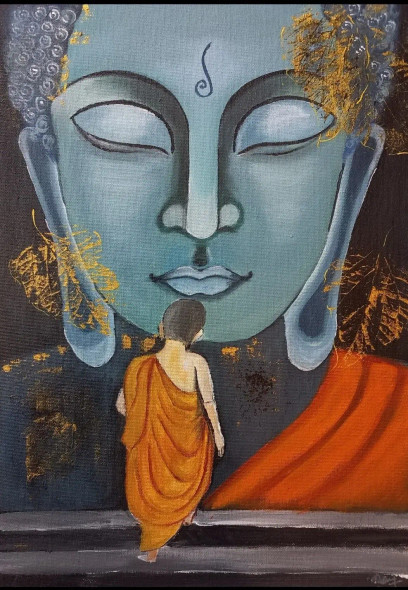 Buddha And Monk (PRT-8347-105446) - Canvas Art Print - 25in X 36in