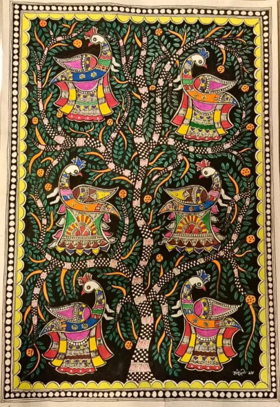 Madhubani (ART-16116-105587) - Handpainted Art Painting - 11in X 22in