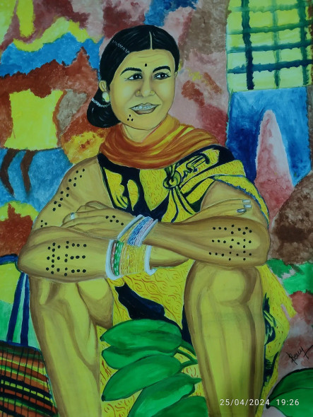 Abujhmadia Woman Selling Vegetables In A Local Market. (ART-16093-105462) - Handpainted Art Painting - 22in X 28in