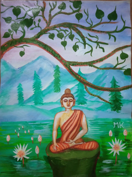 Budhha With Beautiful Nature (ART-8875-105515) - Handpainted Art Painting - 11in X 14in