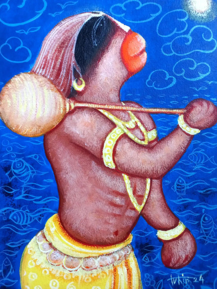 Young Hanuman (ART-16119-105601) - Handpainted Art Painting - 11in X 15in