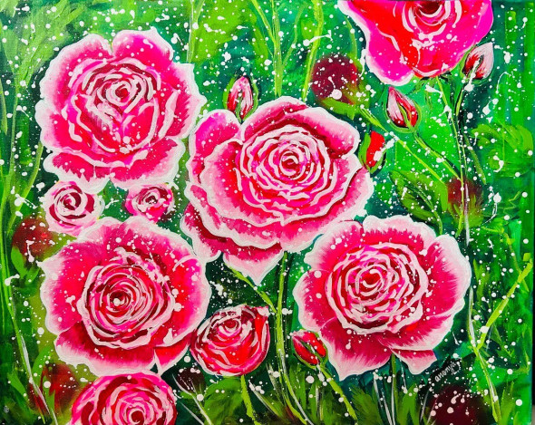 The Lovely Pink Roses (ART-7381-105625) - Handpainted Art Painting - 30in X 24in