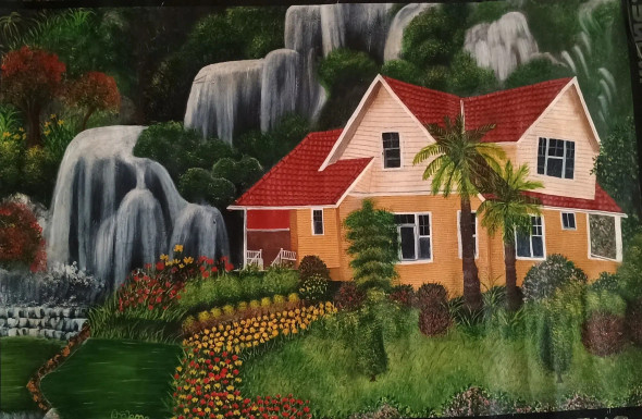 Beautiful House Waterfall Garden Landscape Oil Painting (ART-8067-105655) - Handpainted Art Painting - 34in X 22in
