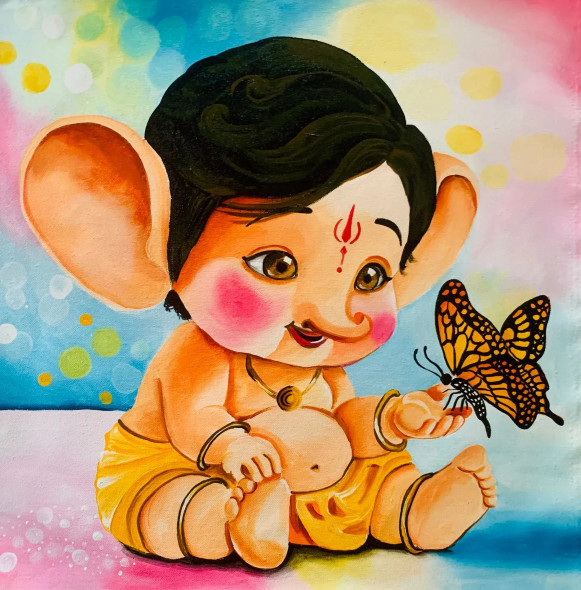 Cute Ganesha (ART-15908-105676) - Handpainted Art Painting - 18in X 18in