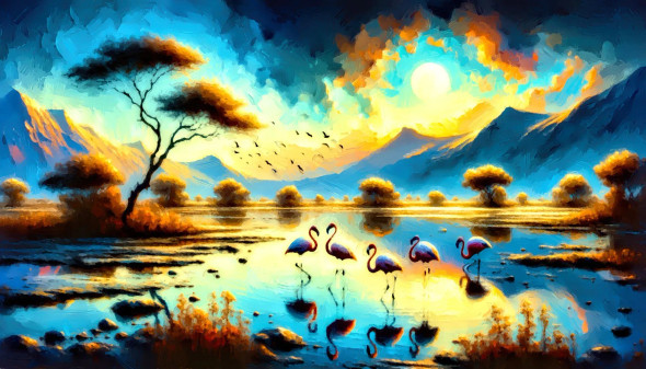 Dancing With Dawn: Flamingos In The Morning Light (PRT-15697-105686) - Canvas Art Print - 60in X 34in