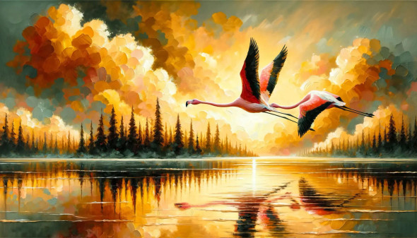 Dancing With Dawn: Flamingos In The Morning Light (PRT-15697-105683) - Canvas Art Print - 60in X 34in