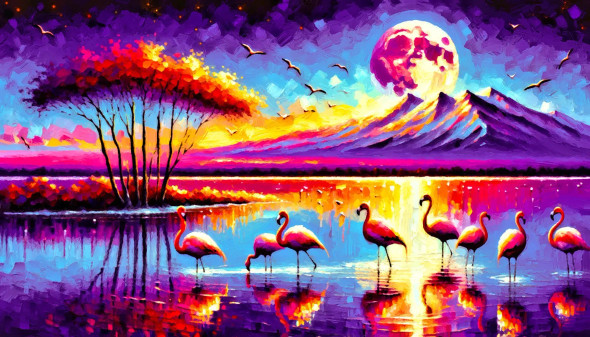 Dancing With Dawn: Flamingos In The Morning Light (PRT-15697-105684) - Canvas Art Print - 60in X 34in