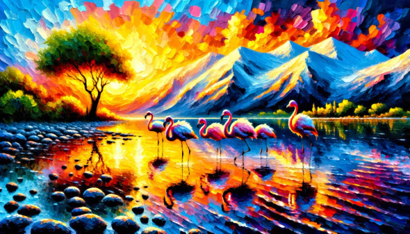 Dancing With Dawn: Flamingos In The Morning Light (PRT-15697-105685) - Canvas Art Print - 60in X 34in