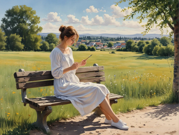 Woman On Bench (PRT-8991-105714) - Canvas Art Print - 60in X 45in