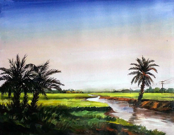 Rural Landscape With Palm Trees (ART-1232-105727) - Handpainted Art Painting - 15in X 12in
