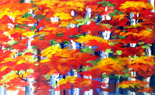 Beauty Of Colorful Autumn Forest (ART-1232-105721) - Handpainted Art Painting - 23in X 14in