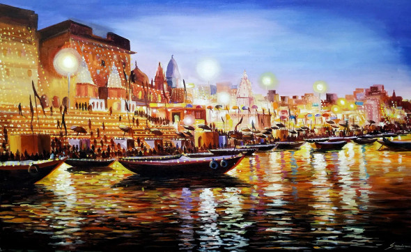 Festival Evening Varanasi Ghats Painting (ART-1232-105728) - Handpainted Art Painting - 38in X 24in