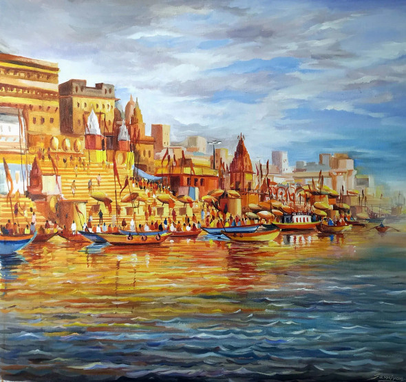 Cloudy Morning Varanasi Ghats (ART-1232-105719) - Handpainted Art Painting - 29in X 27in