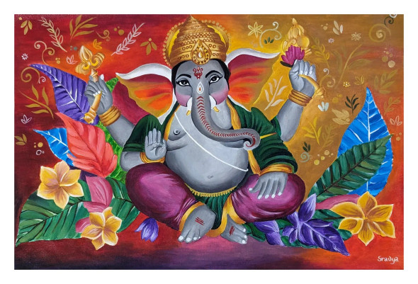 Ganesha Painting (ART-4521-105738) - Handpainted Art Painting - 35in X 27in