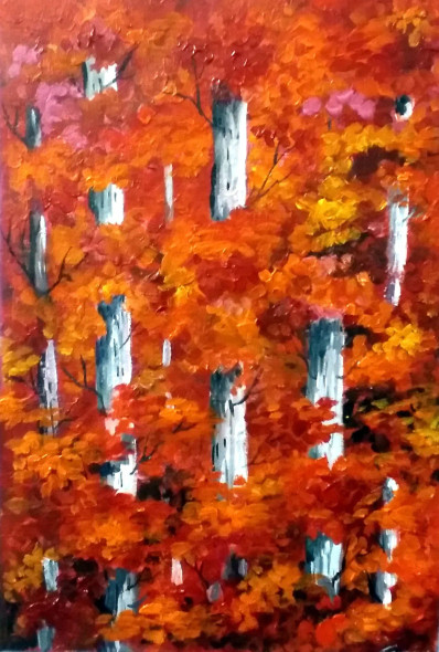 Beauty Of Colorful Autumn Forest (ART-1232-105729) - Handpainted Art Painting - 11in X 16in