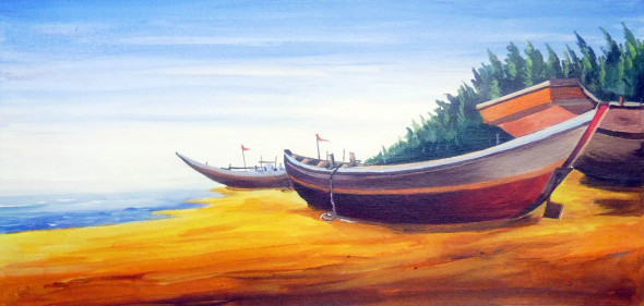 Fishing Boats At Seashore (ART-1232-105724) - Handpainted Art Painting - 24in X 12in