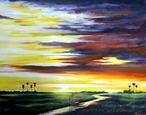 Cloudy Sunset Village (ART-1232-105761) - Handpainted Art Painting - 15in X 12in
