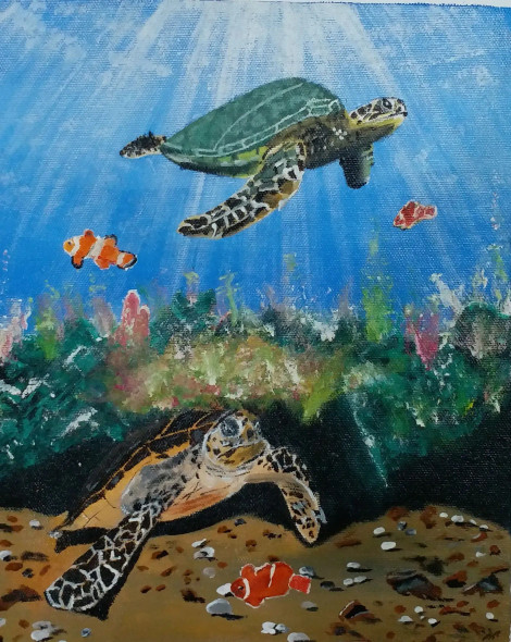 2 Tortoise Underwater Painting (ART-15368-105772) - Handpainted Art Painting - 10in X 12in