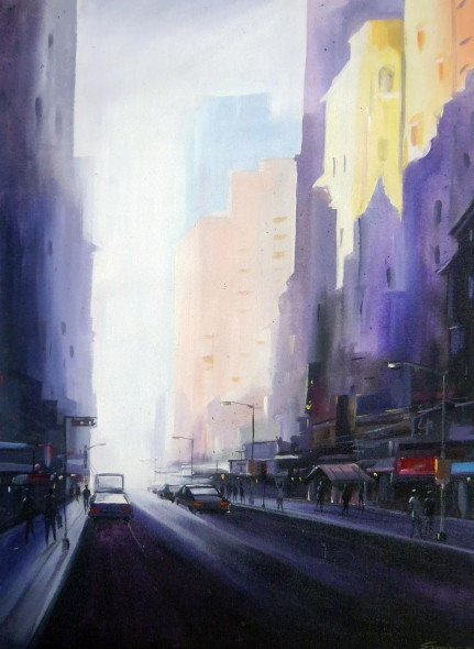 Morning City Street (ART-1232-105797) - Handpainted Art Painting - 22in X 30in