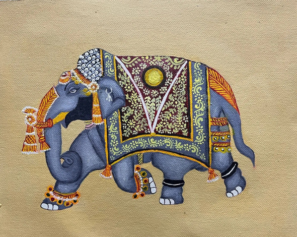 Hand Painted Rajasthani Elephant Miniature (ART-16136-105812) - Handpainted Art Painting - 12in X 10in