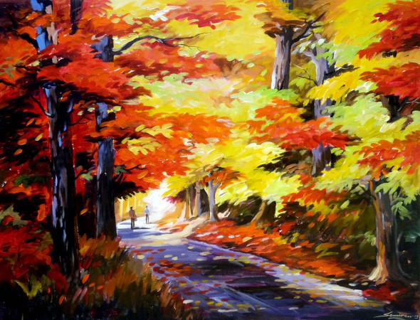 Beauty Of Autumn Forest Road (ART-1232-105796) - Handpainted Art Painting - 30in X 23in