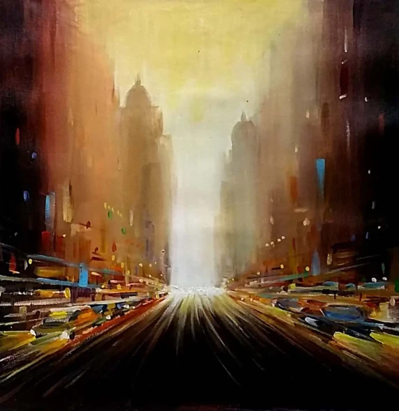 Evening Speedy Street (ART-1232-105798) - Handpainted Art Painting - 38in X 38in