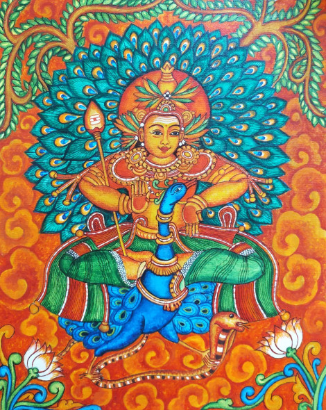 Lord Murugan (ART-1304-105849) - Handpainted Art Painting - 11in X 16in