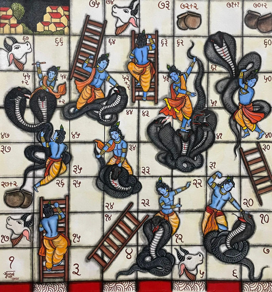 Krishna Chaupad Kreeda (Game Of Snake And Ladder) (ART-7129-105881) - Handpainted Art Painting - 31in X 33in