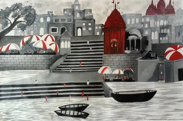 Banaras Ghat (ART-15598-105868) - Handpainted Art Painting - 33in X 21in