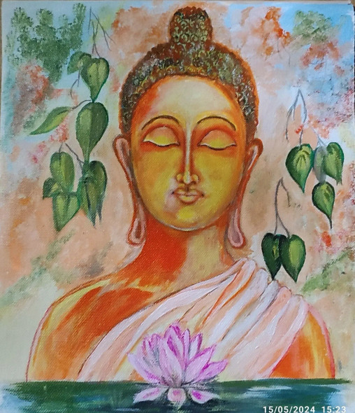 Meditating Bhudda (ART-16164-105888) - Handpainted Art Painting - 10in X 12in