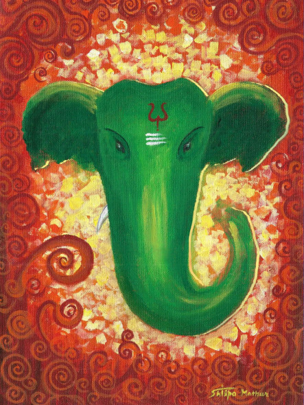 Green Ganesha (PRT-1292-105947) - Canvas Art Print - 9in X 12in