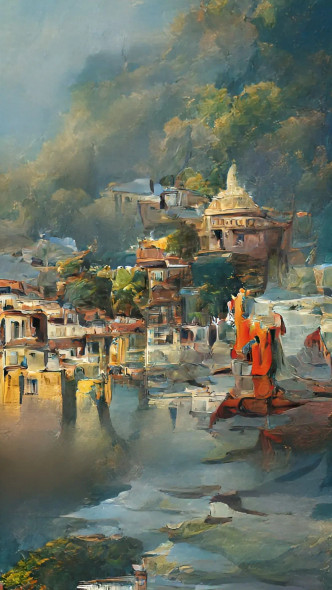 Indian Surrealism Ghat (PRT-5620-105973) - Canvas Art Print - 14in X 24in