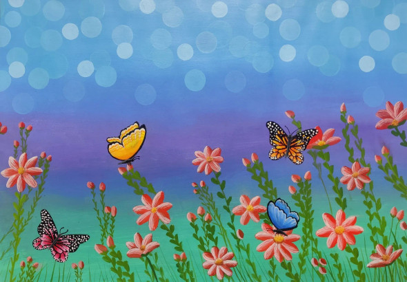 Butterfly | Flowers (ART-16175-105957) - Handpainted Art Painting - 20in X 14in