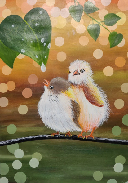 Baby Birds Waiting For Water Drop Painting | Birds (ART-16175-105960) - Handpainted Art Painting - 14in X 20in