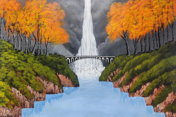 Waterfall | Beautiful Waterfall | Nature | Landscape (ART-16175-105934) - Handpainted Art Painting - 24in X 16in