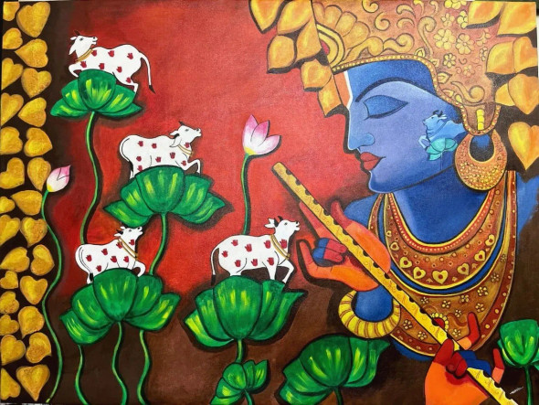 Krishna Painting (ART-16158-105900) - Handpainted Art Painting - 48in X 36in